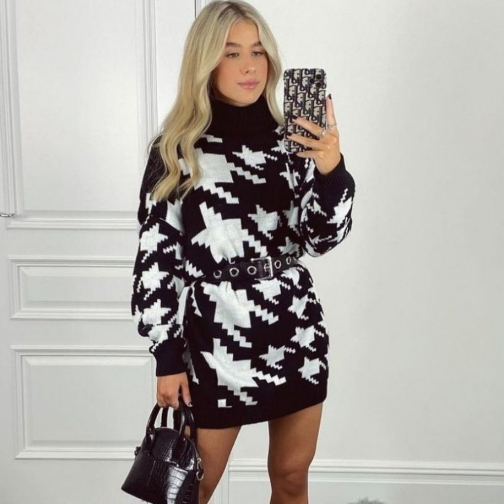 Black Knitted Houndstooth Long Sleeve Turtleneck Oversized Mini Sweater Dress - Picture 7 of 9